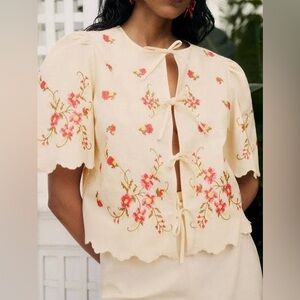 Sezane Zelia Blouse - Sézane X Andion Cream With Pink Floral Embroidery - Size 4